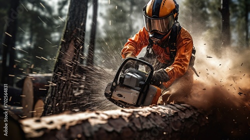 A chainsaw operator is preparing to cut a tree trunk, holding a big orange chainsaw. Protective equipment is used, such as helmet, pants and a vest. copy space for text.