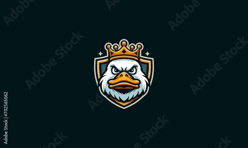 face duck wearing crown and shield vector logo design