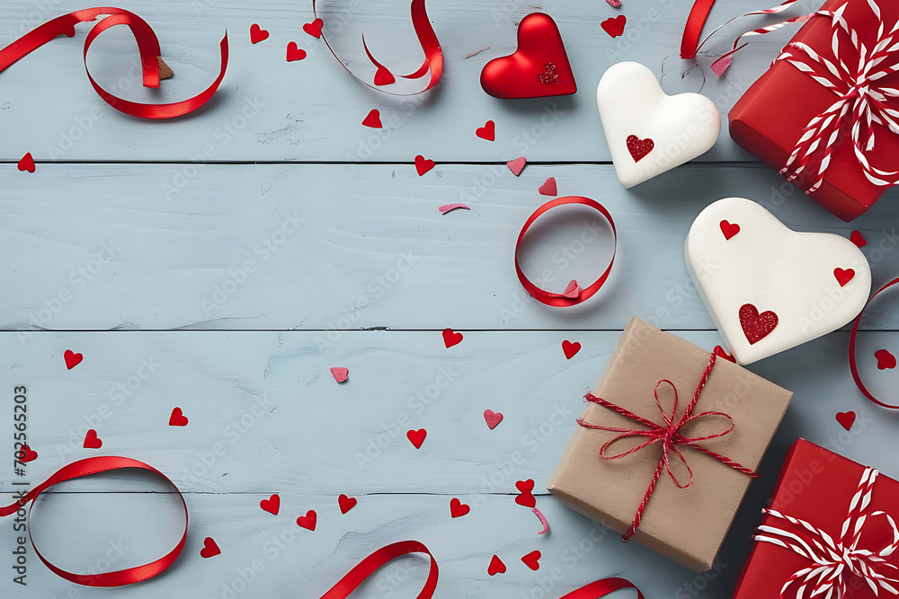 Fondo del día de San Valentín con corazones rojos de punto y papel y regalos para un mensaje de amor romántico Fondo del día de San Valentín con corazones rojos de punto y papel y regalos para un mensaje de amor romántico