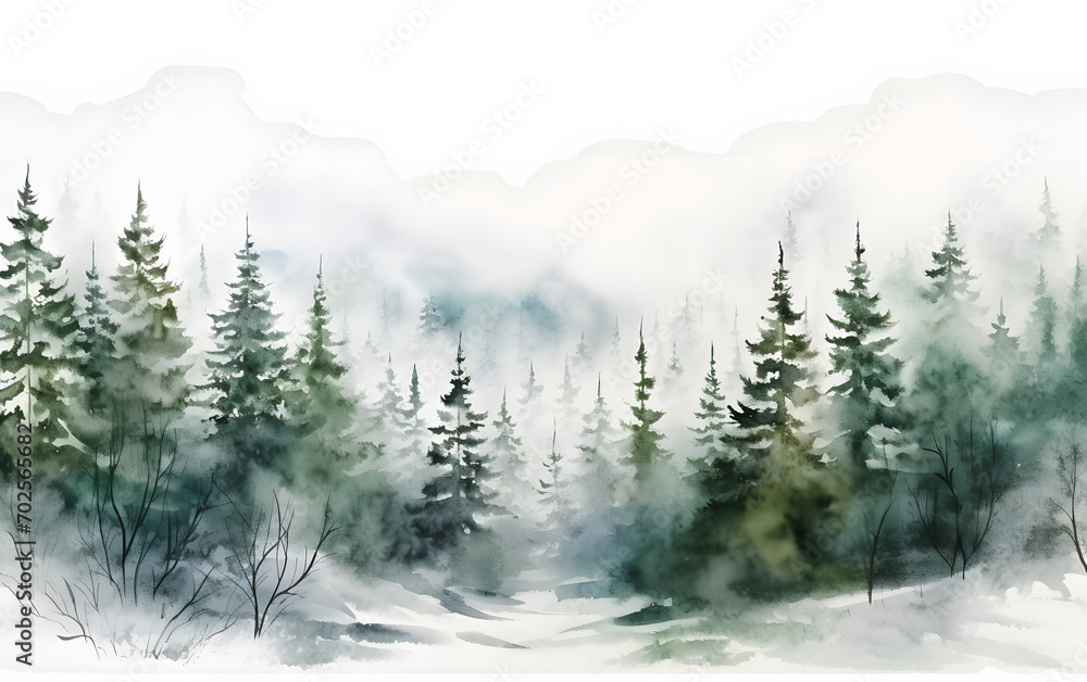 Misty Pine Forest Watercolor Landscape, A serene watercolor painting depicting a misty pine forest with subtle hues and soft textures