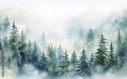 Foggy Winter Hill Landscape in a Green Forest Setting Isolated on white