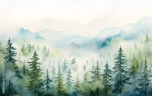 Foggy Winter Hill Landscape in a Green Forest Setting Isolated on white