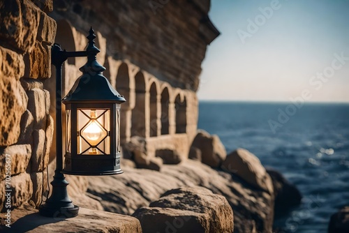Lamp on the wall of stone on a background of the sea