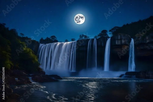 Large waterfall beneath a full moon photo
