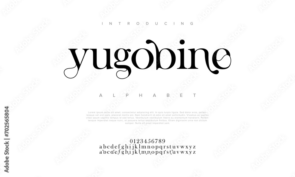 Yugobine premium luxury elegant alphabet letters and numbers. Elegant wedding typography classic serif font decorative vintage retro. Creative vector illustration