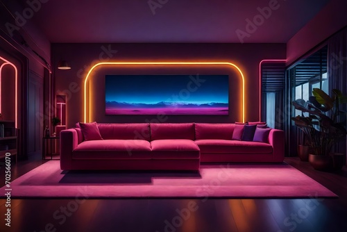 Spacious living room lit by neon light with soft comfortable couch in the center