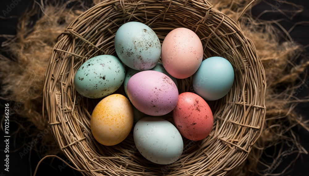 top view of easter eggs on a wicker basket top view of easter eggs on a wicker basket