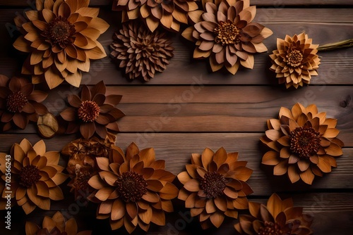 Wooden wall adorned with flowers. wedding day. Background of brown wood