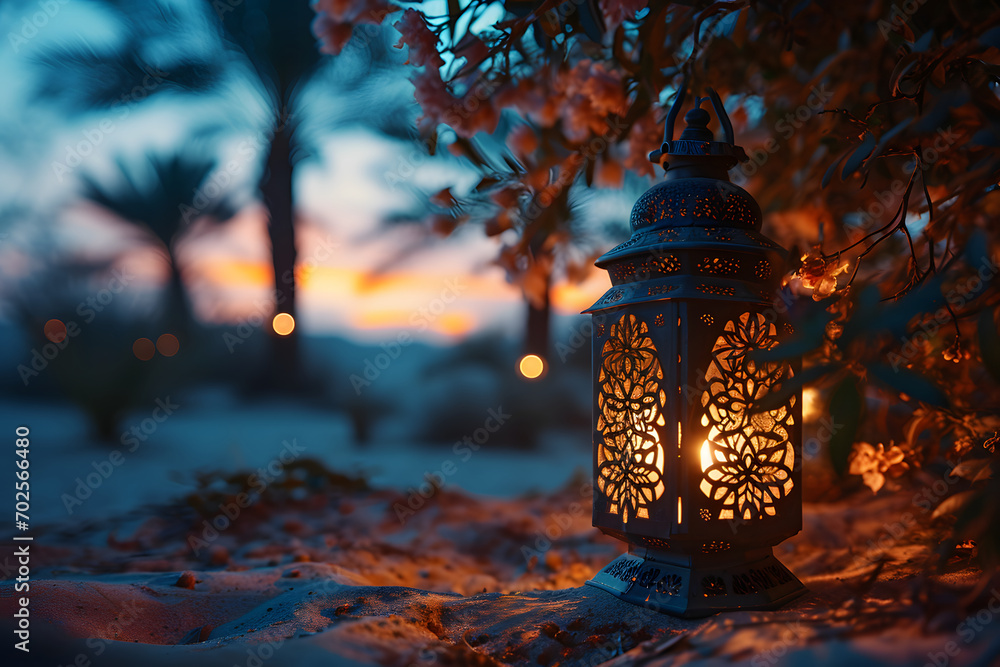 Arabic Lantern in the Desert at Sunset. Ramadan Kareem Background. Muslim Holy Month