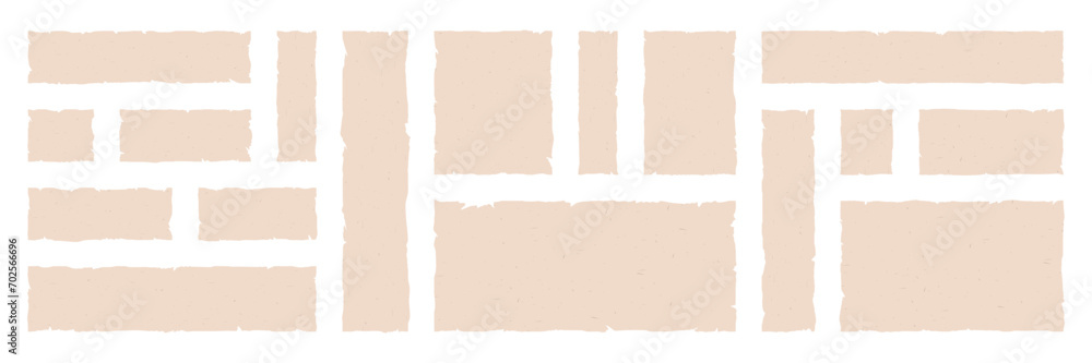 Set of grunge jagged rectangle shape with dust and noise texture. Beige torn paper sheet for sticker, collage, banner. Vector isolated illustration.