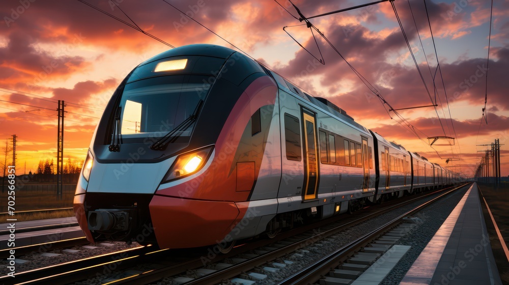 high speed commuter train on the railway station and colorful sky with clouds