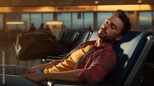 A tired male passenger sleeps on the seats waiting for boarding in the departure area of the airport terminal. traveling concept.