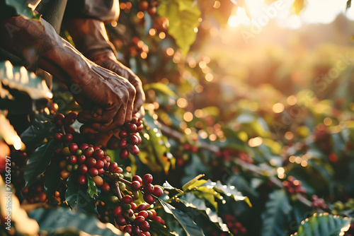  A male farmer harvests coffee beans on a plantation 1  photo