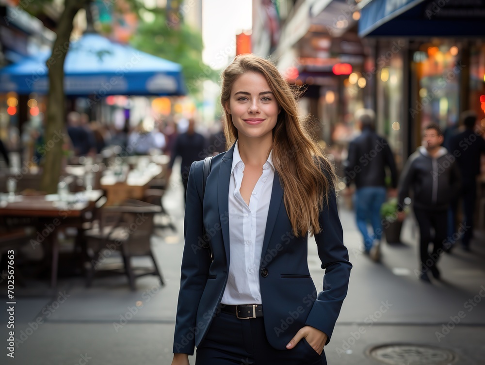 Fresh and energetic business woman in a suit,walking street