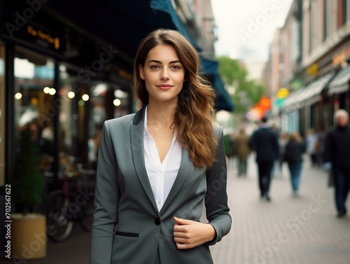 Fresh and energetic business woman in a suit walking street