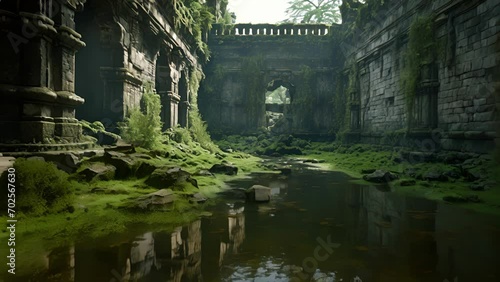 A murky pond lies eerily still reflecting an abandoned castle in its depths. Weeds have overtaken most of the stonework leaving only crumbling walls to mark the tomb of what once