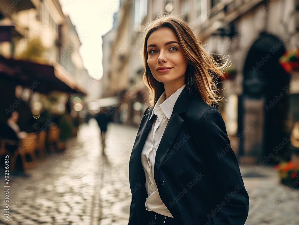 Fresh and energetic business woman in a suit,walking street