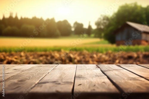 The empty wooden brown table top with blur background of farm and barn. Exuberant image. generative AI