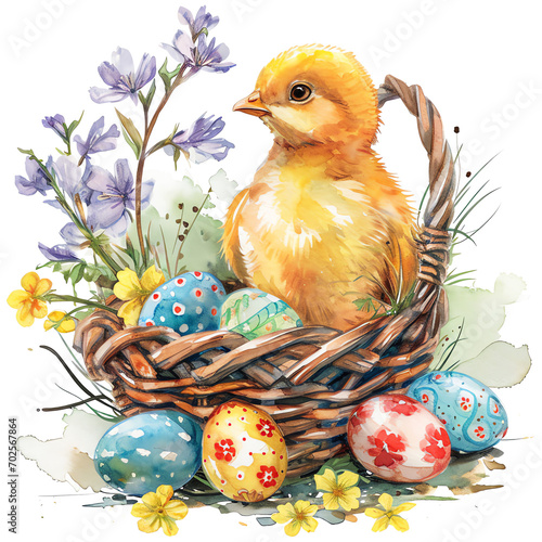 easter chicken on the basket watercolor illustration