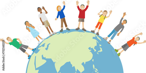地球から手をふる多民族の子供達