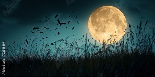 Full moon rising behind silhouette of grass with birds flying