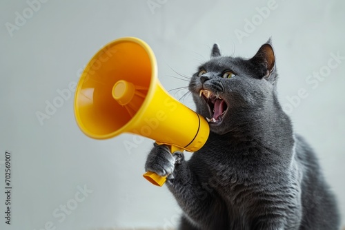 A gray cat roaring into a yellow megaphone