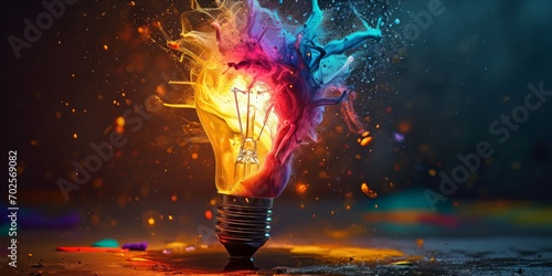 A lightbulb bursting with colorful splashes