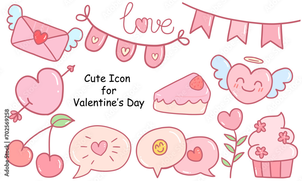 Cute Valentine icon set. cartoon style. Pink color elements Cute Valentine icon set. cartoon style. Pink color elements
