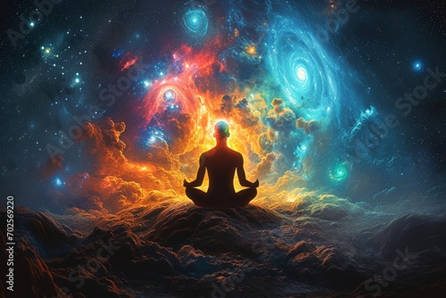 Silhouette of a person meditating with cosmic energy and celestial bodies around photo