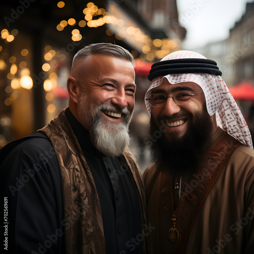 Portrait of Muslim Imam and Christian Priest Embracing Each Other