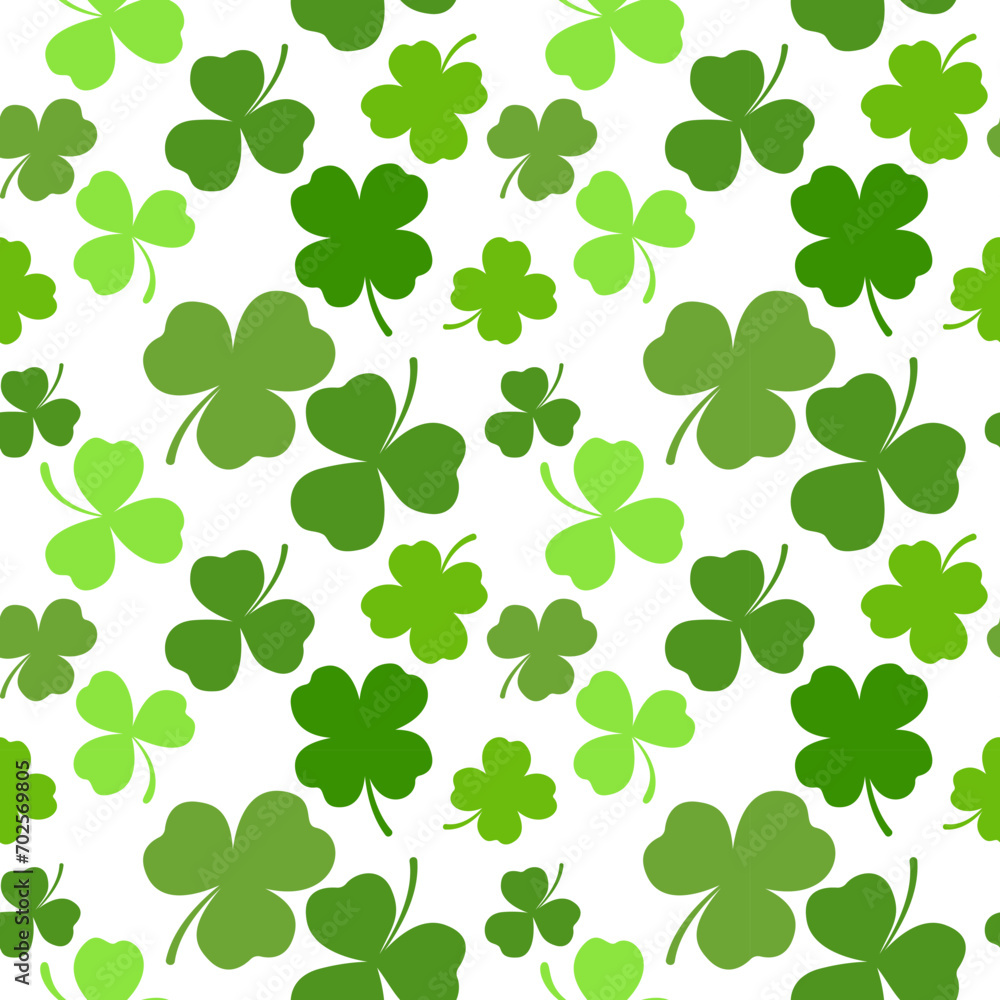 Clover leaves seamless pattern. Shamrock vector background for Irish St. Patrick Day. Spring holiday illustration with green trefoils on white background.