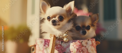 Two small dogs in a purse, carried by a stylish woman, going outside on a sunny day. Vertical video.