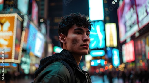 Futuristic city with a man. Handsome guy standing in the middle of a neon city lights. Skyscrapers and businesses with blinking advertisements. 