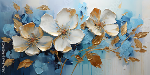 Fototapeta Naklejka Na Ścianę i Meble -  Abstract oil painting Blue petals, flowers with golden lines, using a palette knife