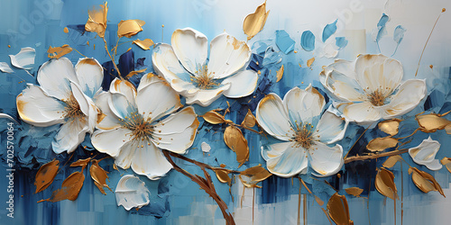 Fototapeta Naklejka Na Ścianę i Meble -  Abstract oil painting Blue petals, flowers with golden lines, using a palette knife