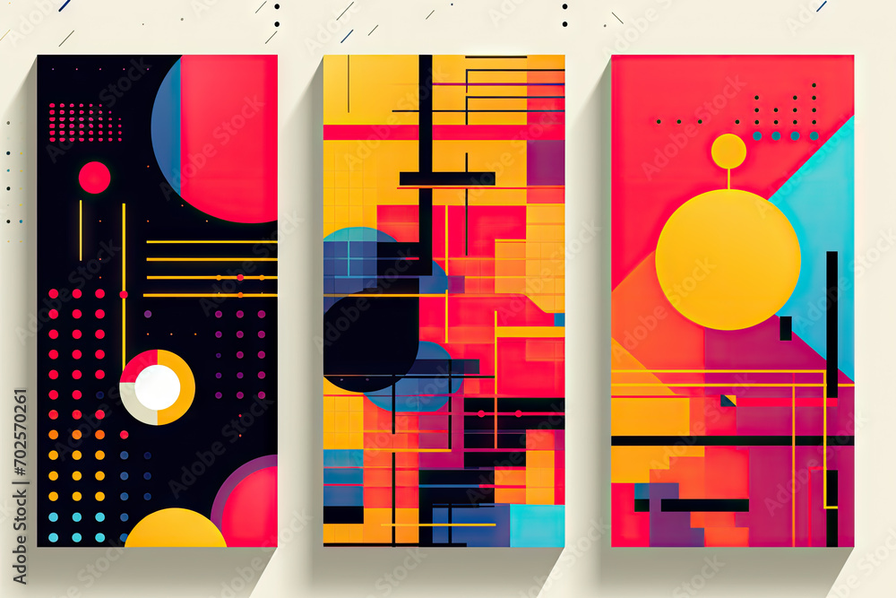 Color neo geo poster. Modern grid flyer with geometric shapes, geometry graphics and abstract background set. Geometry grid pattern banner vivid presentation illustration Color neo geo poster. Modern grid flyer with geometric shapes, geometry graphics and abstract background set. Geometry grid pattern banner vivid presentation illustration