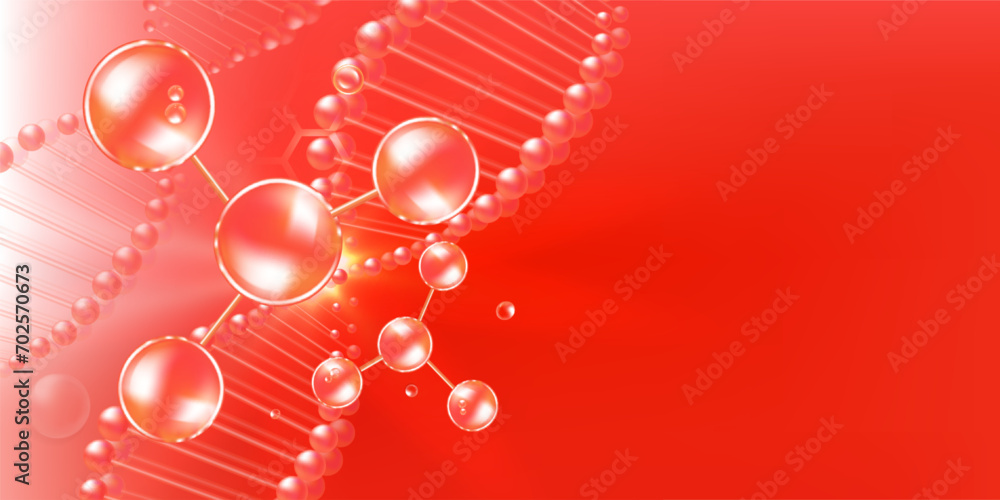 Obraz premium Hyaluronic acid hair and skin solutions ad, red collagen serum drop with cosmetic advertising background ready to use, illustration vector. 