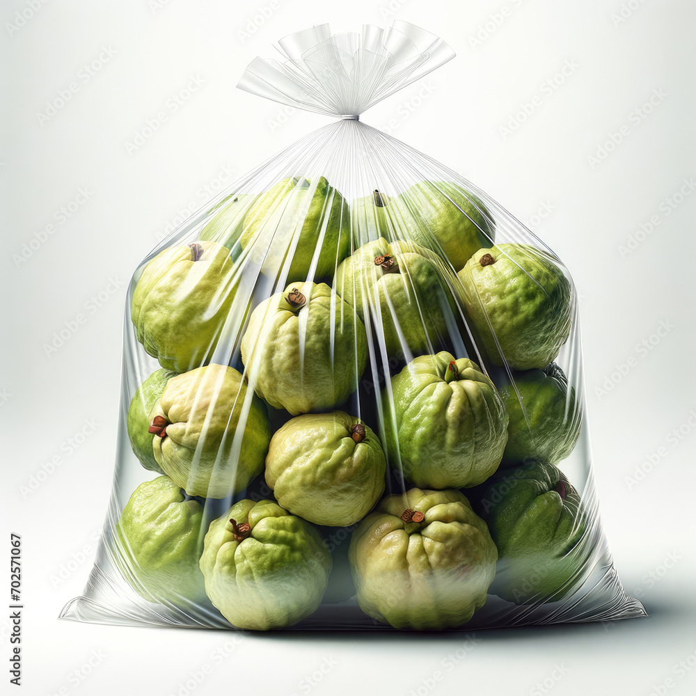 Naklejka premium Hyper realistic Fresh guavas in a clear bag isolated on a white background