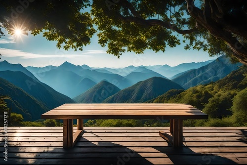 Beautiful mountain view with empty wooden table. Natural template landscape. © PX Studio