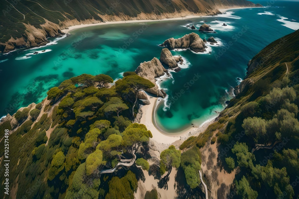 Aerial panoramic view of sea nature landscape. Coastline of the Pacific ocean, California USA. travel concept. Nature view from above to river scene. Nature sea view. Park at summer.