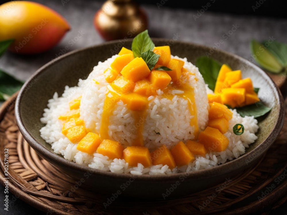 Thai mango sticky rice, vibrant yellow of perfectly ripe mangoes, sliced thick and glistening with sweet juice Thai mango sticky rice, vibrant yellow of perfectly ripe mangoes, sliced thick and glistening with sweet juice