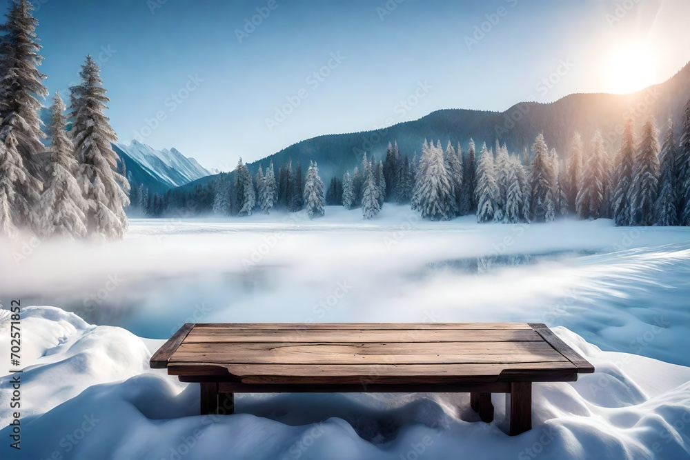 Winter beautiful background with misty mountains and empty wooden table in nature outdoor. Natural template landscape.