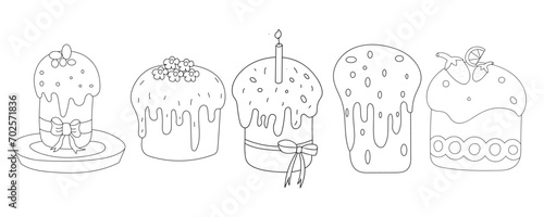 Set of Easter cakes isolated on a white background. Doodle vector illustration. Linear sketch.