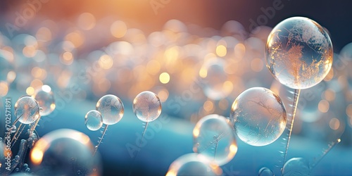 Glowing ice bubbles in close-up. Pastel soap bubbles and marbles in abstract pink and blue background wallpaper.