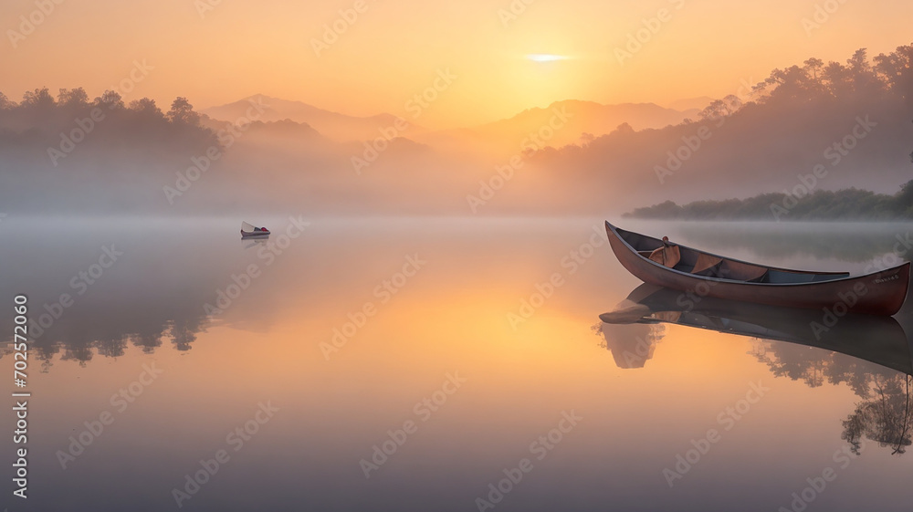 Misty sunrise over a tranquil lake Peaceful Morning background