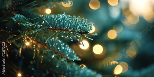 Close up of pine branches with dewdrops and soft lights in the background