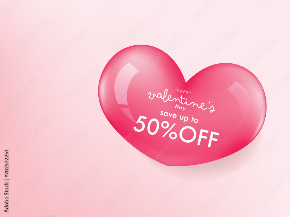 Happy Valentine's Day background, Glossy heart rose quartz on pink paper background. Vector illustration. Cute love banner or valentine's card.