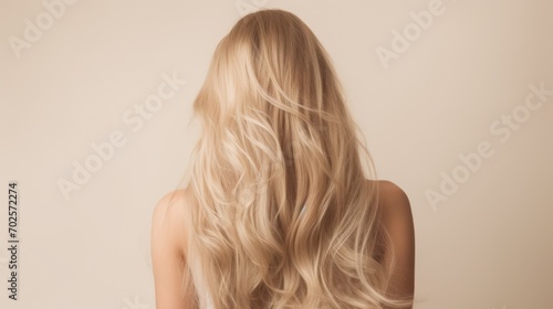 blonde hair, back side of young woman with long blonde hair isolated on beige, hair care photo