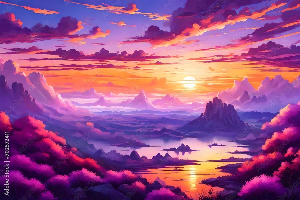 Beautiful Landscape Background Sky Clouds Sunset Oil Painting View Wallpaper Landscape Light Colours Purple Anime style Magic and Colorful