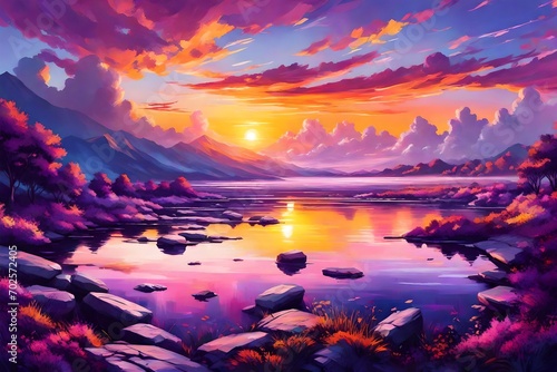 Beautiful Landscape Background Sky Clouds Sunset Oil Painting View Wallpaper Landscape Light Colours Purple Anime style Magic and Colorful © PX Studio